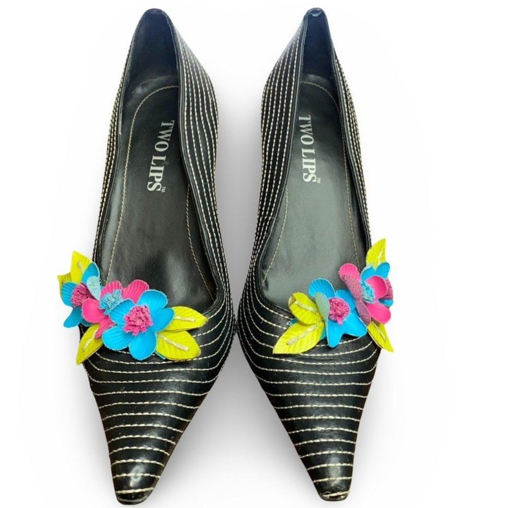 Two Lips Black & White Stitched Multi-Color Flower Accent Stiletto Heel 8 1/2